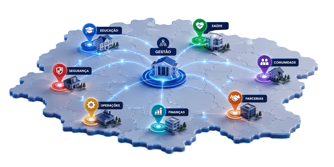 Ilustração de uma rede de instituições, agentes e projetos conectados num mapa